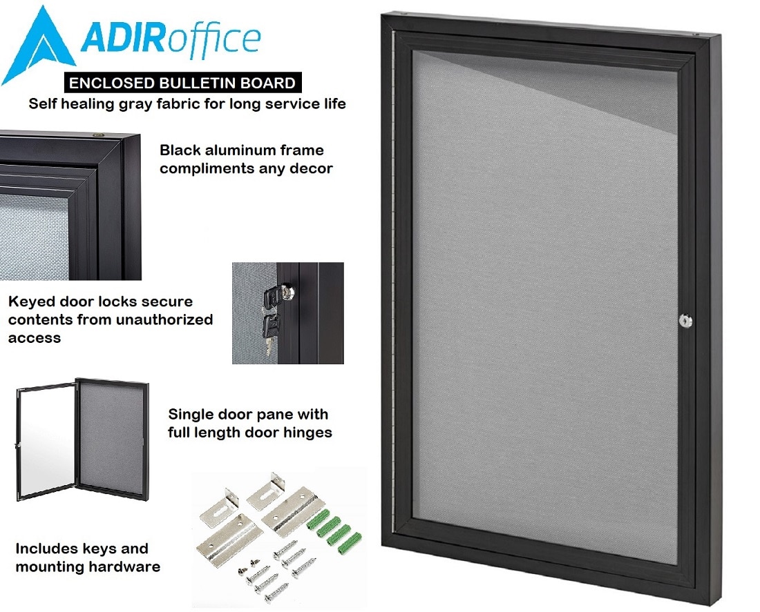 AdirOffice 24 in. x 36 in. Grey Black Lockable Enclosed Bulletin Fabric Board Memo Board 50401BG